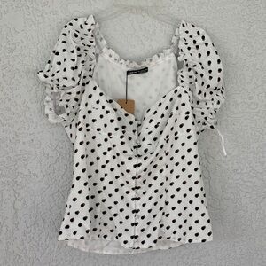 SHEIN White Blouse with Black and Brown  Polka Dots size L